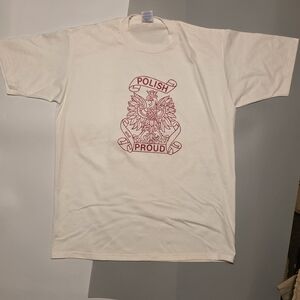 Vintage Jerzees Cream T-Shirt with Red Polish And Proud Graphic